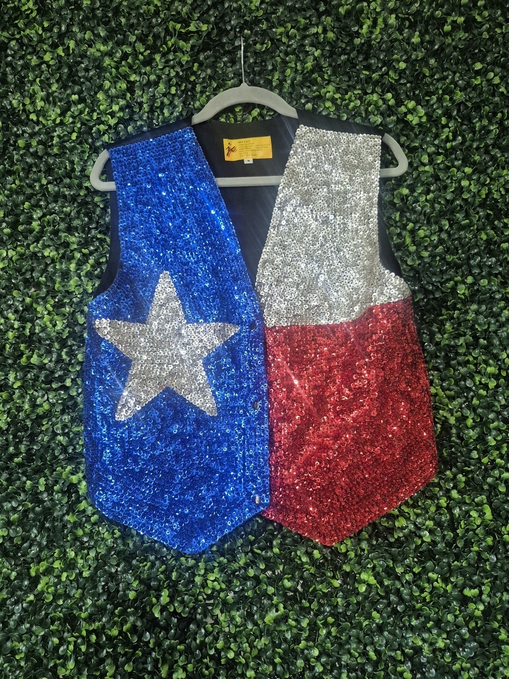 Sequin Texas Flag Vest with Star - Blue, Silver, Red